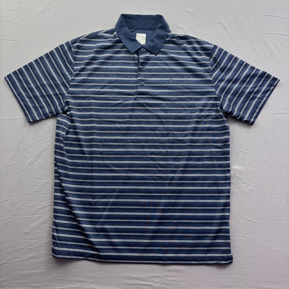 Callaway Opti-Dri Mens L Navy‎ Blue White Striped Golf Polo Shirt Short Sleeve